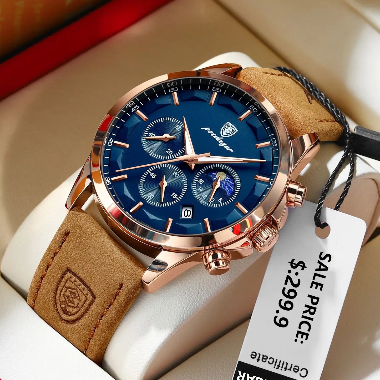 POEDAGAR Cuir Business Montre Quartz Homme Luxe Chronographe Sport Étanche