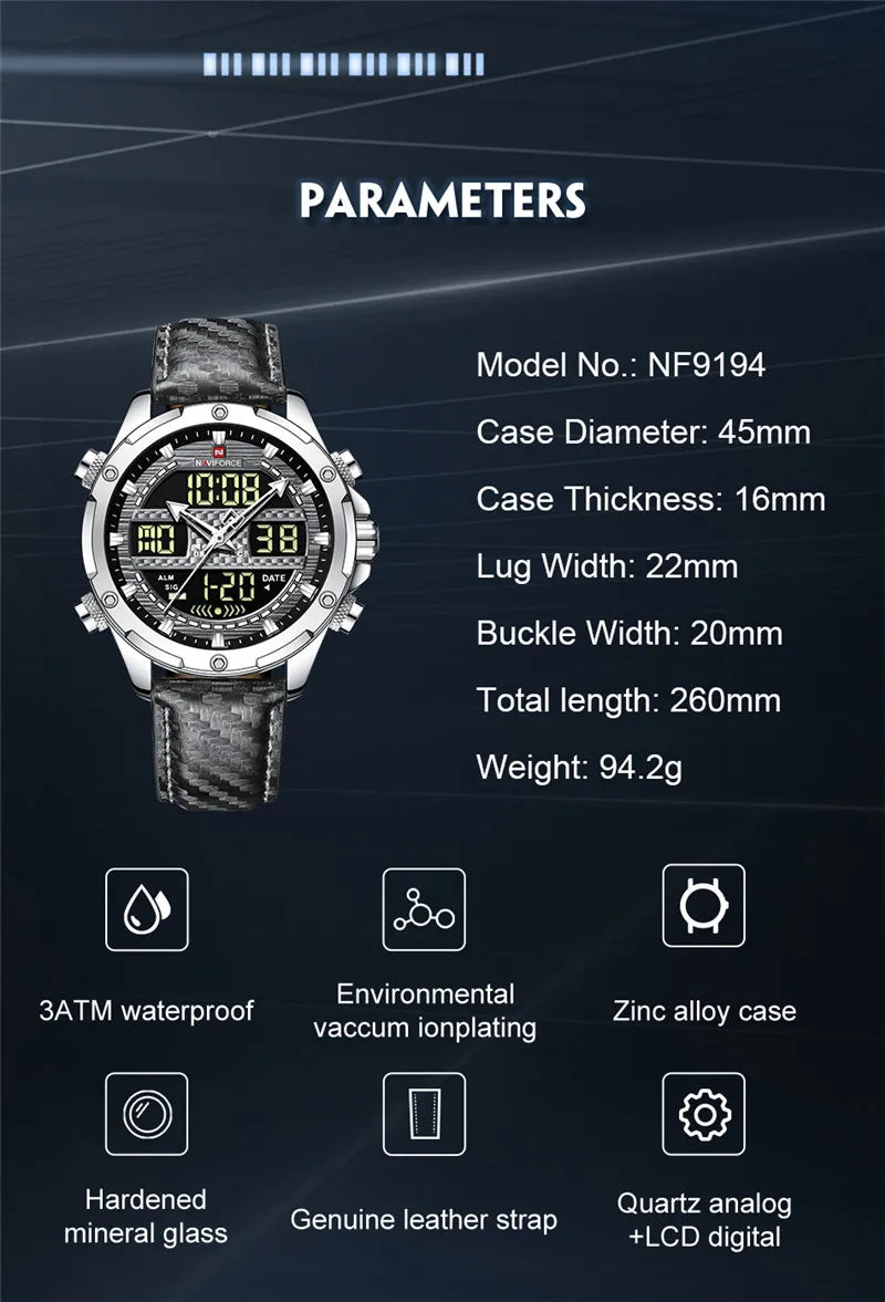NAVIFORCE Montre de Luxe Homme – Quartz, Digital, Résistante à l'eau, Bracelet en Cuir Véritable, Modèle Militaire