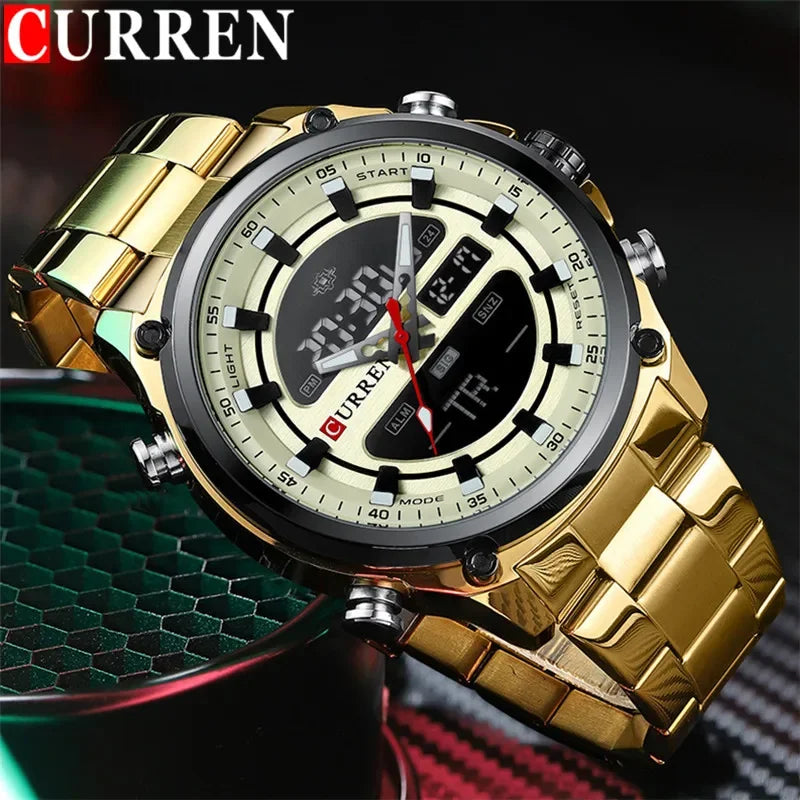 CURREN Montre Sport Homme – Montre de Luxe en Acier Inoxydable Or, Militaire, Affichage LED, Quartz