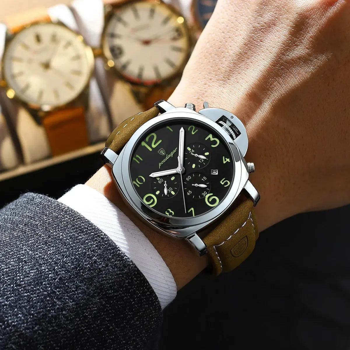 POEDAGAR Montre de Sport Luxe pour Homme - Étanche, Luminieuse, Chronographe avec Date, Cuir et Mouvement Quartz