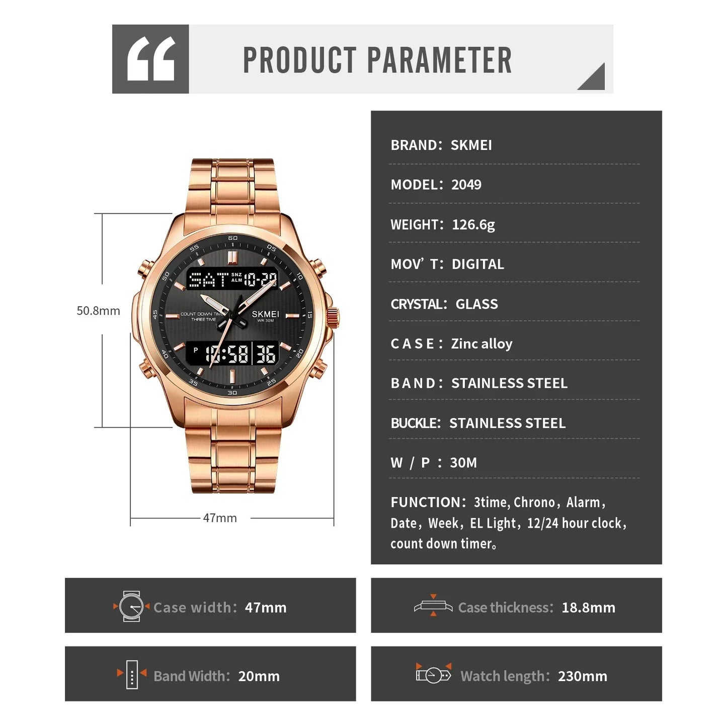 SKMEI 2049 Montre de Luxe Quartz pour Homme – Montre Digitale Étanche en Acier Inoxydable