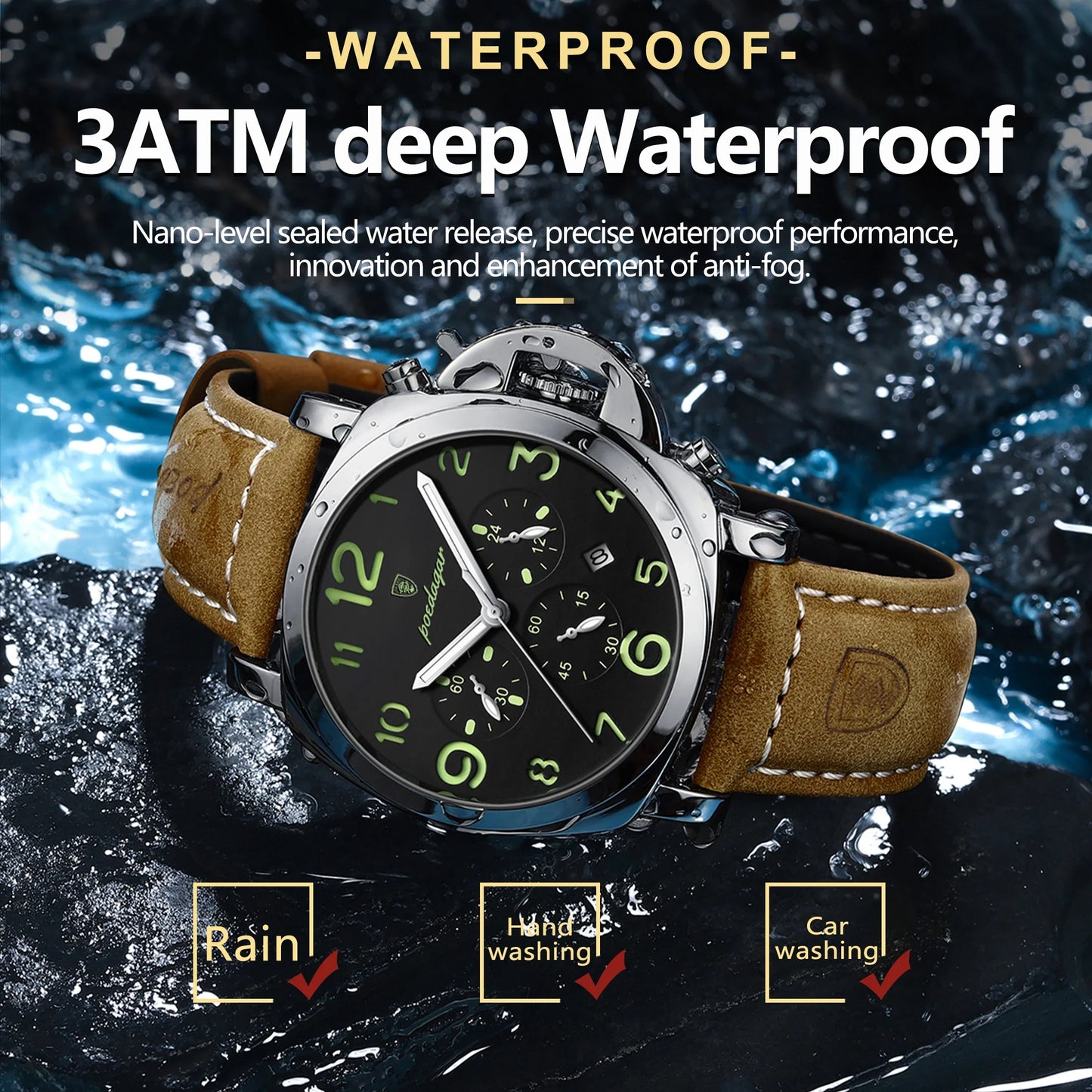POEDAGAR Montre de Sport Luxe pour Homme - Étanche, Luminieuse, Chronographe avec Date, Cuir et Mouvement Quartz