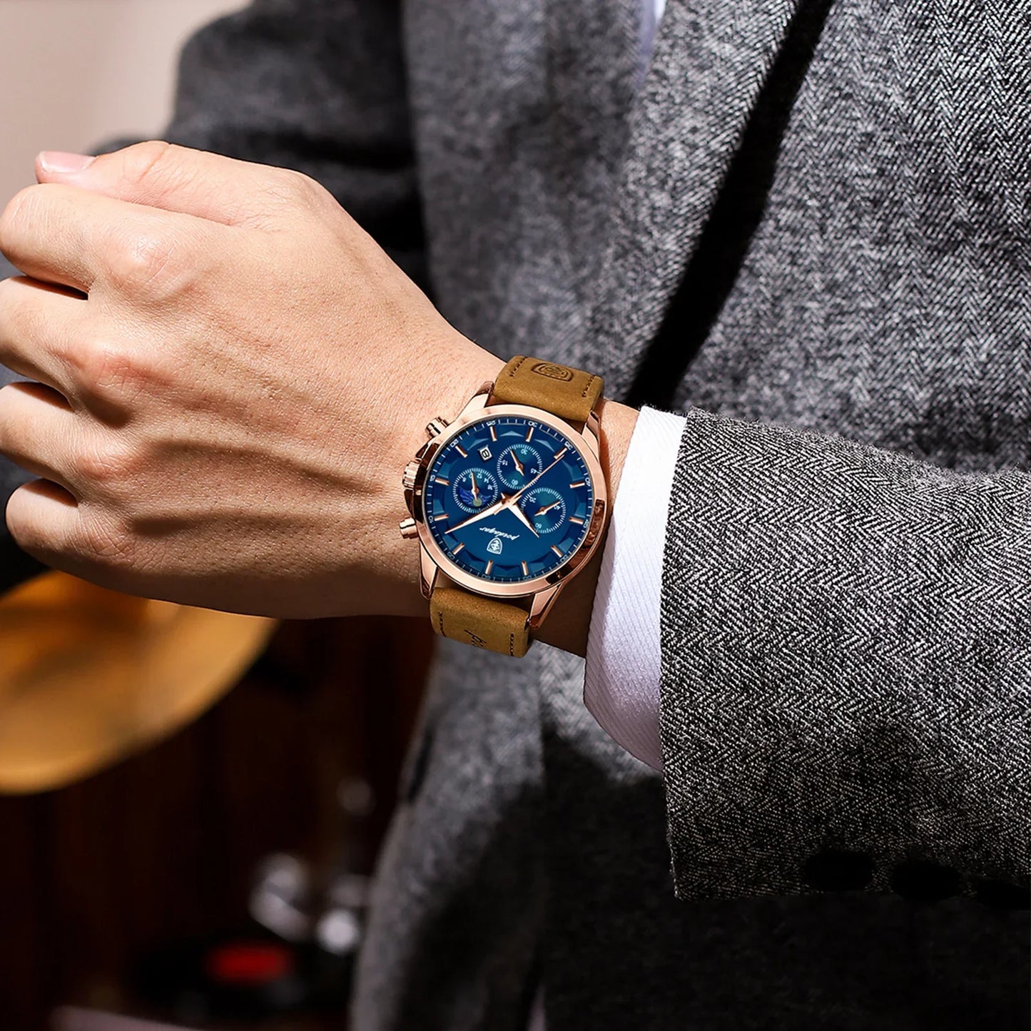 POEDAGAR Cuir Business Montre Quartz Homme Luxe Chronographe Sport Étanche