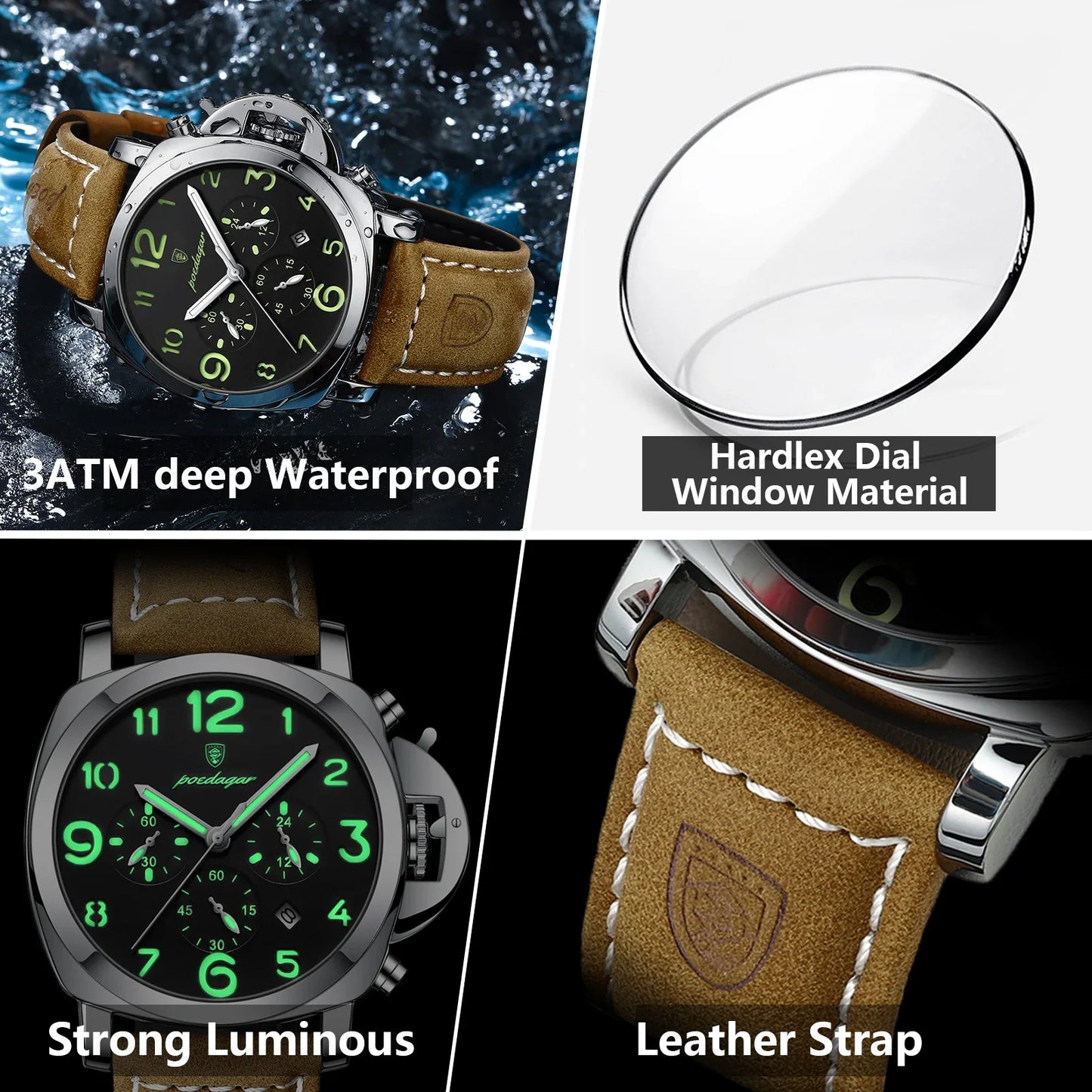POEDAGAR Montre de Sport Luxe pour Homme - Étanche, Luminieuse, Chronographe avec Date, Cuir et Mouvement Quartz