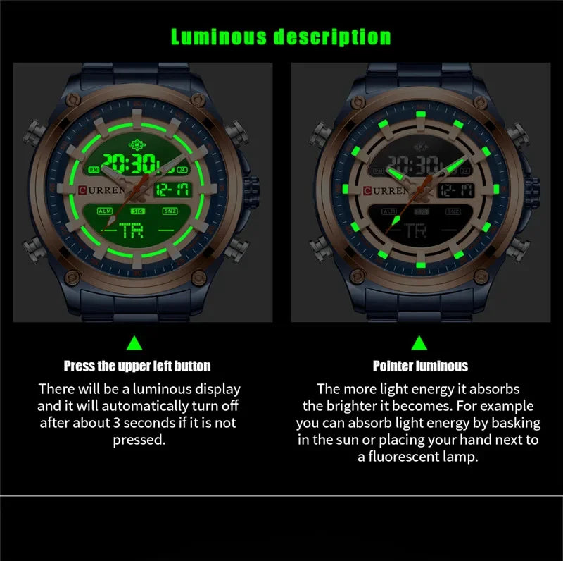 CURREN Montre Sport Homme – Montre de Luxe en Acier Inoxydable Or, Militaire, Affichage LED, Quartz