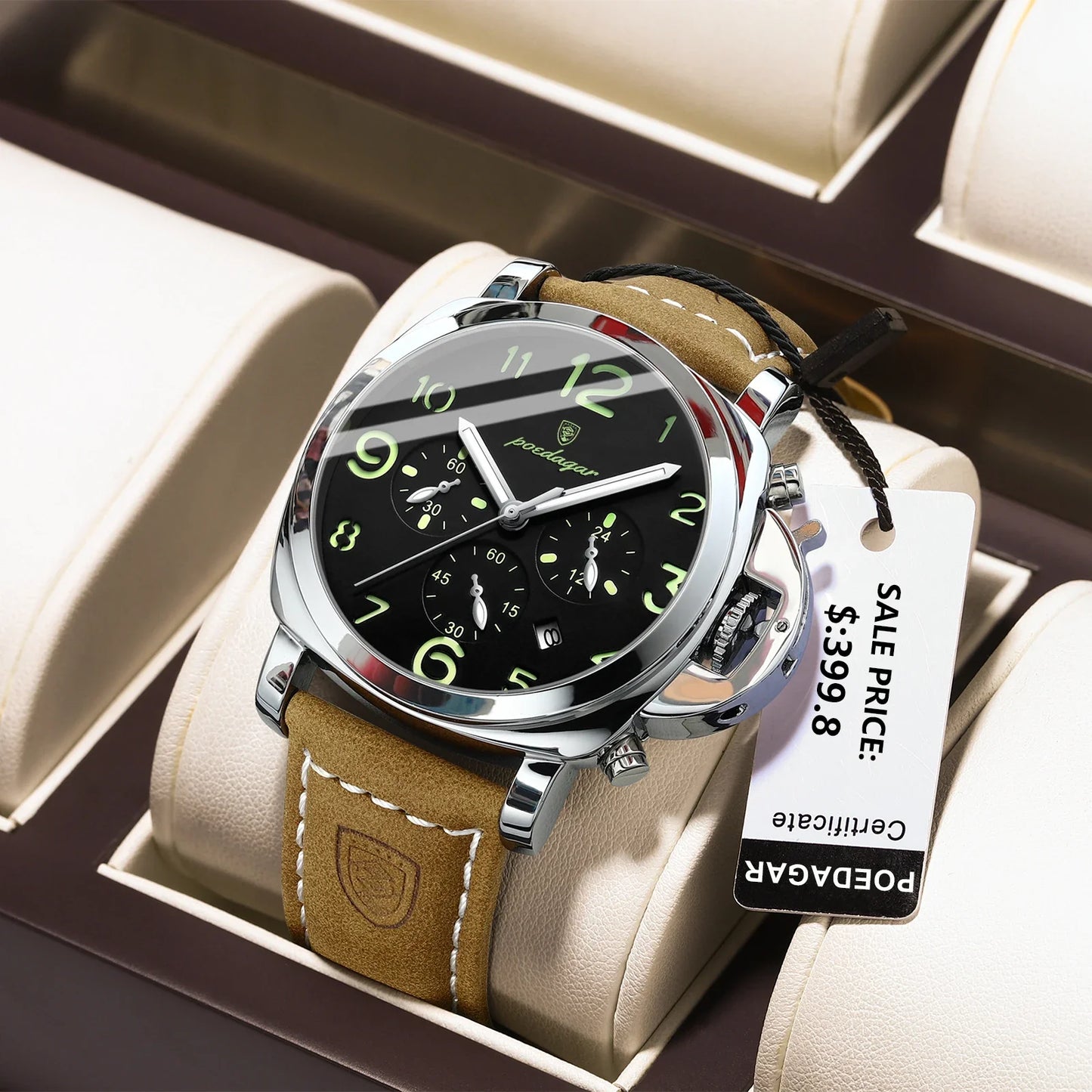 POEDAGAR Montre de Sport Luxe pour Homme - Étanche, Luminieuse, Chronographe avec Date, Cuir et Mouvement Quartz