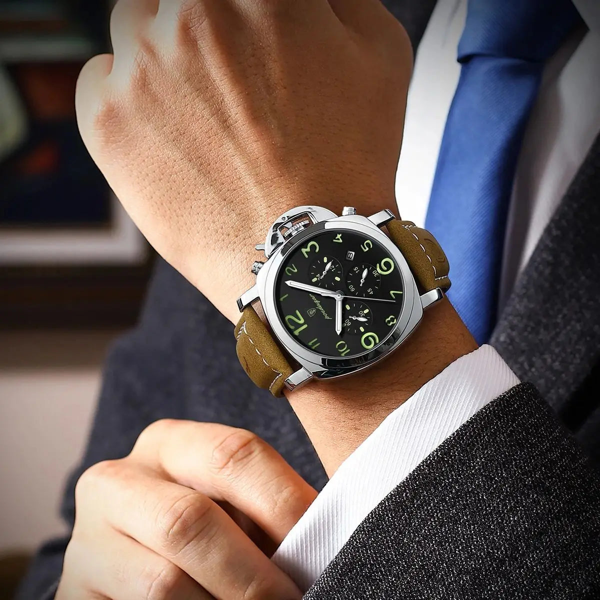POEDAGAR Montre de Sport Luxe pour Homme - Étanche, Luminieuse, Chronographe avec Date, Cuir et Mouvement Quartz