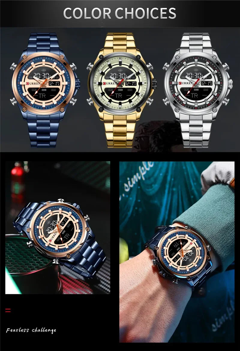 CURREN Montre Sport Homme  – Montre de Luxe en Acier Inoxydable Or, Militaire, Affichage LED, Quartz